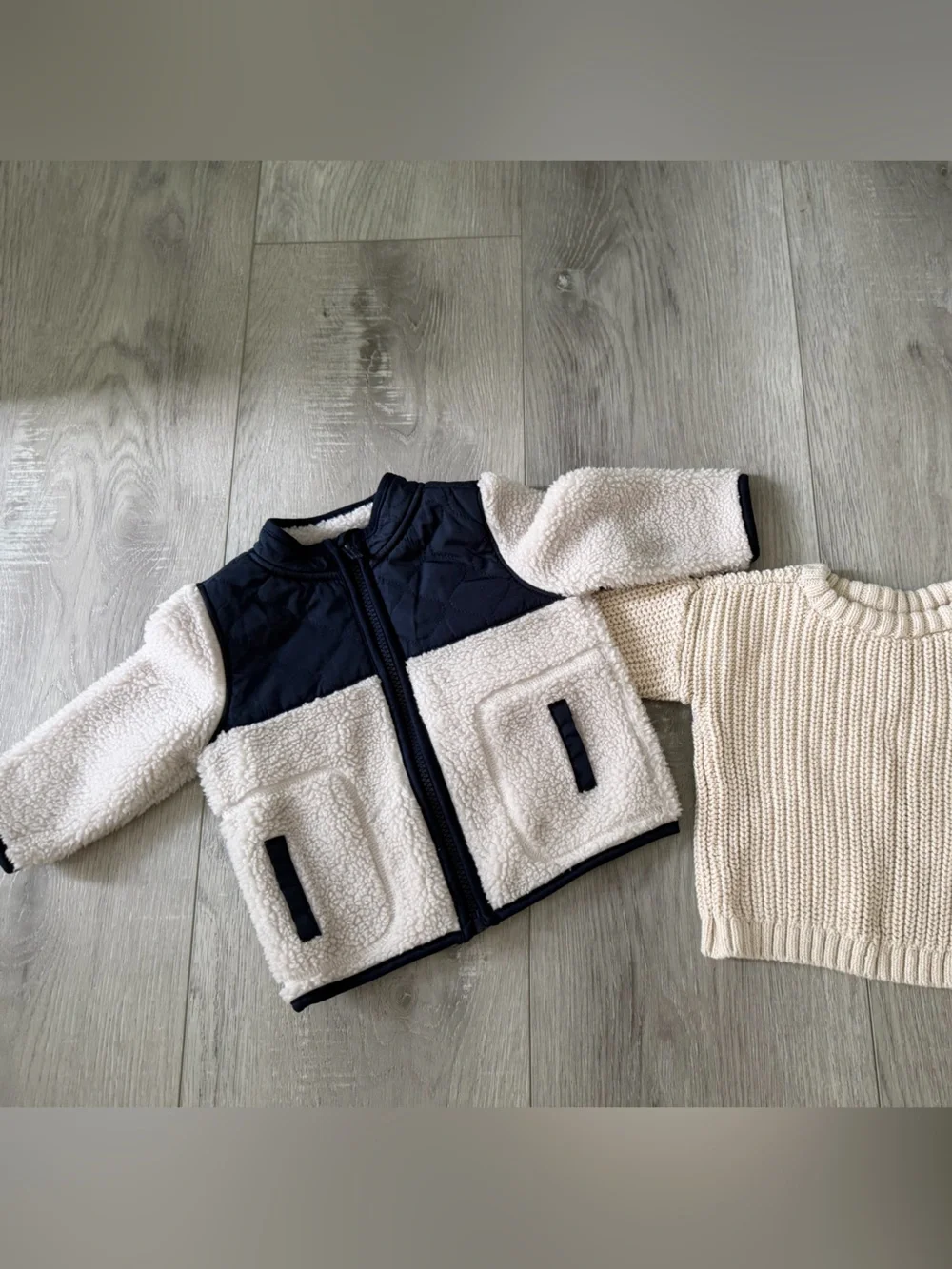 Old Navy Navy and Cream Sherpa Jacket with Cream Knit Sweater Set